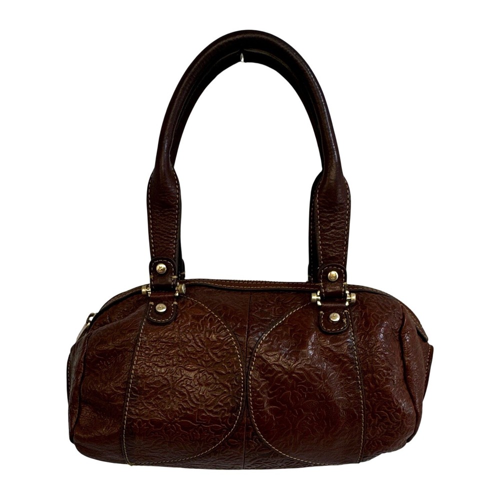Liz Claiborne Brown Embossed Floral Leather Satchel Shoulder Bag Purse